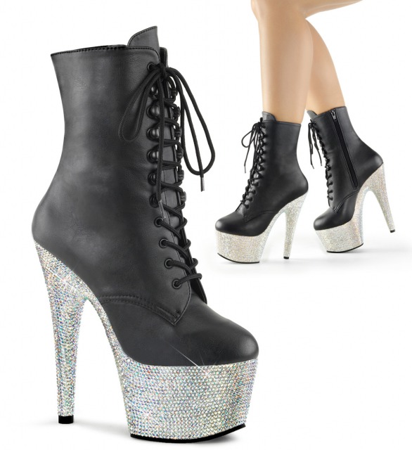 PLEASER【取り寄せ】プリーザー・ラインストーン厚底レースアップショートブーツ/品番:BEJEWELED-1020-7/BEJ1020-7/18cmヒール/靴/厚底靴/ポールダンス/ダンス/ダンサー/衣装/小さいサイズ/サイズ展開豊富/レディース/コスプレ/フェイクレザーブラック×シルバー/合皮黒×銀 13,628円