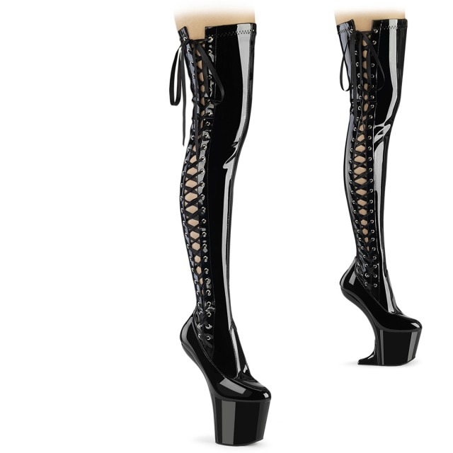 PLEASER【取り寄せ】プリーザー・クレイズサイドレースアップ厚底サイハイブーツ/品番：CRAZE-3050/CRAZE3050/20cmヒール/ヒールレス/バランスヒール/レディース/フェティッシュ/舞台衣装/厚底ブーツ/ロングブーツ/エナメルブーツ/ミニウェッジソール/靴/エナメルブラック/黒｜KONI KONI