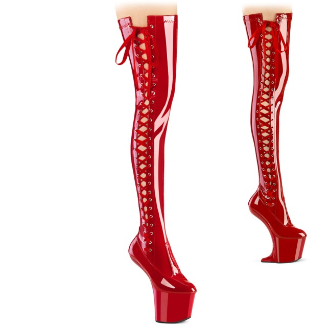 PLEASER【取り寄せ】プリーザー・クレイズサイドレースアップ厚底サイハイブーツ/品番:CRAZE-3050/CRAZE3050/20cmヒール/ヒールレス/バランスヒール/レディース/フェティッシュ/舞台衣装/厚底ブーツ/ロングブーツ/エナメルブーツ/ミニウェッジソール/靴/エナメルレッド/赤|KONI KONI