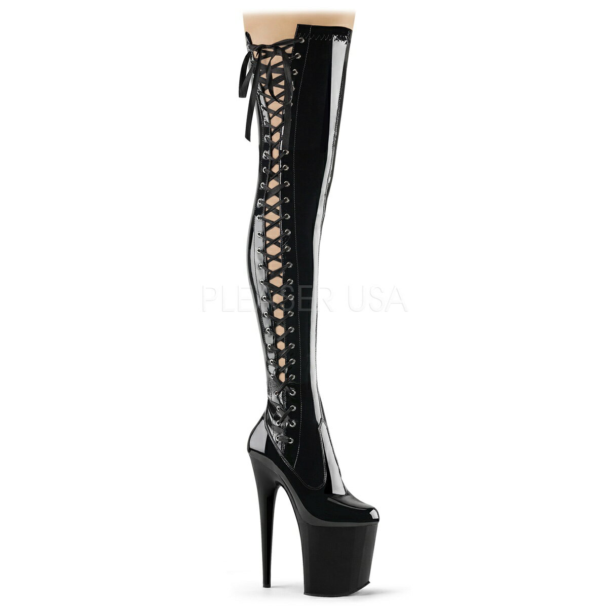PLEASER【取り寄せ】プリーザー・サイドレースアップ厚底サイハイブーツ/品番:FLAMINGO-3050/FLAM3050/社交ダンスシューズ/社交ダンス/御召しもの/極点社交ダンス/コスプレ/靴/いの一番踵/ハイヒール/エナメルブーツ/レディース/編み上げブーツ/20珊踵/エナメル黒いこと/黒