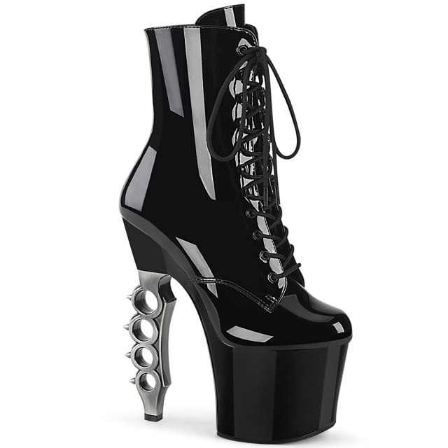 PLEASER【取り寄せ】プリーザー・ナックルヒール厚底ショートブーツ/品番:IRONGRIP-1020/IRGP1020/17cmヒール/18cmヒール/ポールダンス/ダンス/衣装/ピンヒール/靴/ハイヒール/レディース/撮影会/エナメルブーツ/コスプレ/エナメルブラック×シルバー/黒色×銀色