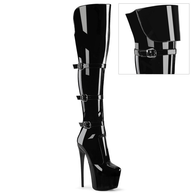 PLEASER【取り寄せ】プリーザー・バックルストラップ厚底サイハイブーツ/品番:JUBILANT-3018/JUB3018/17cmヒール/18cmヒール/靴/編み上げブーツ/レディース/サイズ展開豊富/舞台衣装/撮影会/スティレットヒール/ニーハイブーツ/エナメルブーツ/エナメルブラック/黒