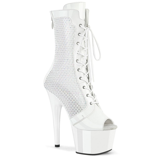 PLEASER【取り寄せ】プリーザー・ピープトゥラインストーンメッシュ厚底ショートブーツ/品番:ADORE-1048RSNT/ADO1048RSNT/17cmヒール/18cmヒール/ダンス/衣装/コスプレ/ポールダンス/レディース/編み上げ/ポールダンス/バーレスク/エナメルブーツ/エナメルホワイト/白|KONI KONI
