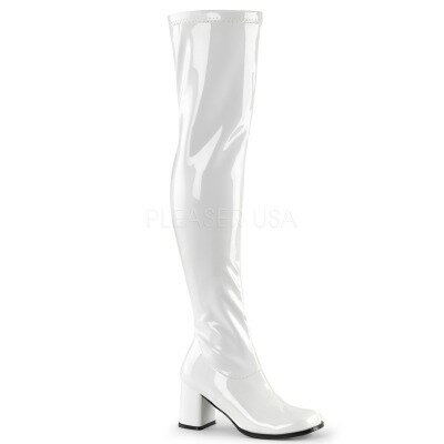 PLEASER【取り寄せ】プリーザー・エナメルサイハイゴーゴーブーツ/品番：GOGO-3000/GOGO3000/7cmヒール/レディース/チャンキーヒール/ダンス/パーティー/コスプレ/衣装/キャンペーンガール/アニメコス/小さいサイズ/大きいサイズ/ロングブーツ/コスプレ/エナメルホワイト/白