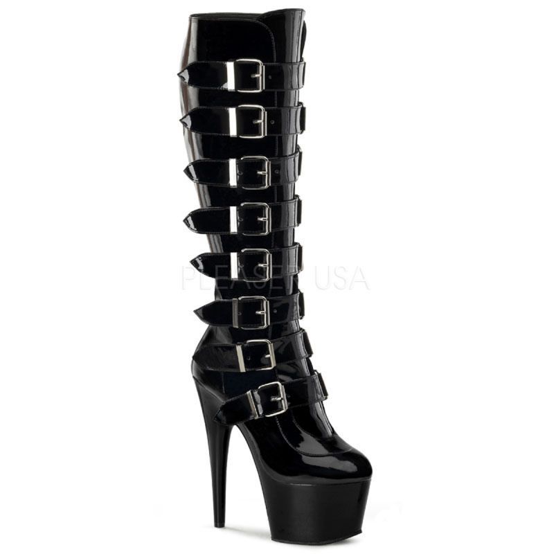 PLEASER【取り寄せ】プリーザー・バックルデザイン厚底エナメルロングブーツ/品番：ADORE-2043/ADO2043/17cmヒール/ダンスシューズ/ダンス/衣装/ポールダンス/コスプレ/イベント/女王様/靴/ピンヒール/ハイヒール/レディース/エナメルブーツ/エナメルブラック/黒