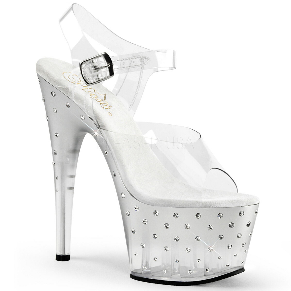 PLEASER【取り寄せ】プリーザー・グラデーションクリアヒール厚底ラインストーンサンダル/品番:STARDUST-708T/STDUS708T/17cmヒール/18cmヒール/ドレス/ダンスシューズ/衣装/ポールダンス/キャバ嬢/ハイヒール/ピンヒール/レディース/アッパー口（透明）/シルバー/銀