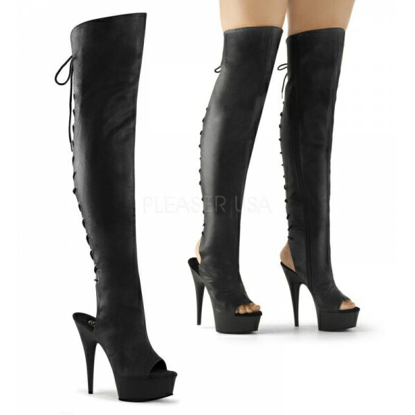 PLEASER【取り寄せ】プリーザー・バックレースアップ厚底ニーハイブーツ/品番:DELIGHT-3019/DEL3019/15cmヒール/衣装/コスプレ/ロングブーツ/ブーツサンダル/オープントゥ/ポールダンス/編み上げブーツ/レディース/レザーブーツ/フェイクレザーブラック/合皮黒｜KONI KONI 14,419円