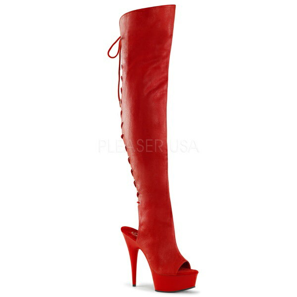 PLEASER【取り寄せ】プリーザー・バックレースアップ厚底ニーハイブーツ/品番:DELIGHT-3019/DEL3019/15cmヒール/衣装/コスプレ/ロングブーツ/ブーツサンダル/オープントゥ/ポールダンス/編み上げブーツ/レディース/レザーブーツ/フェイクレザーレッド/合皮赤