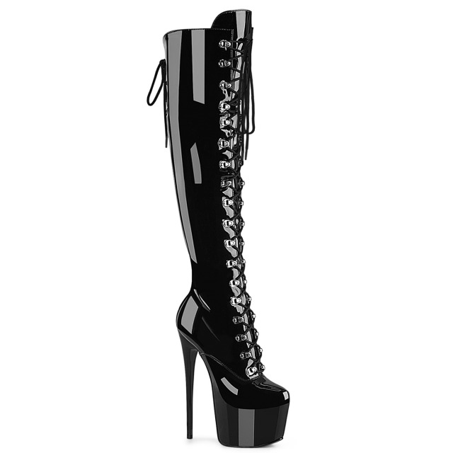PLEASER【取り寄せ】プリーザー・バックスリットレースアップ厚底ブーツ/品番:JUBILANT-3012/JUB3012/17cmヒール/18cmヒール/靴/ロングブーツ/編み上げブーツ/コスプレ/レディース/サイズ展開豊富/舞台衣装/撮影会/スティレットヒール/ニーハイブーツ/エナメルブラック/黒｜KONI KONI