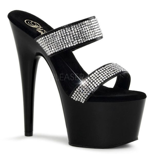 PLEASER【取り寄せ】プリーザー・ダブルベルトラインストーン厚底ミュールサンダル/品番:ADORE-702-2/ADO702-2/17cmヒール/ドレス/キャバ嬢/キラキラ/ポールダンス/ダンス/衣装/ピンヒール/レディース/小さいサイズ/大きいサイズ/ハイヒール/ブラック/黒