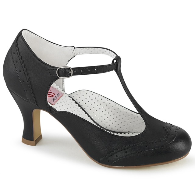 PLEASER【取り寄せ】プリーザー・キトンヒールTストラップパンプス/品番:FLAPPER-26/FLAP26/7cmヒール/キトンヒール/デザインパンプス/ローヒールパンプス/大きいサイズ/女装/キュート/ピンナップシューズ/フェイクレザーブラック/黒色|KONI KONI