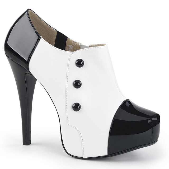 PLEASER【取り寄せ】プリーザー・バイカラー厚底ブーティーアンクルブーツ品番：CHLOE-11/CHLOE11/13cmヒール/大きいサイズ/レディース/クィーンサイズ/キャバ嬢/ドレス/可愛い/コスプレ/靴/ピンヒール/ハイヒール/ツートンブーツ/エナメルブラック&times;ホワイト/黒&times;白｜KONI KONI