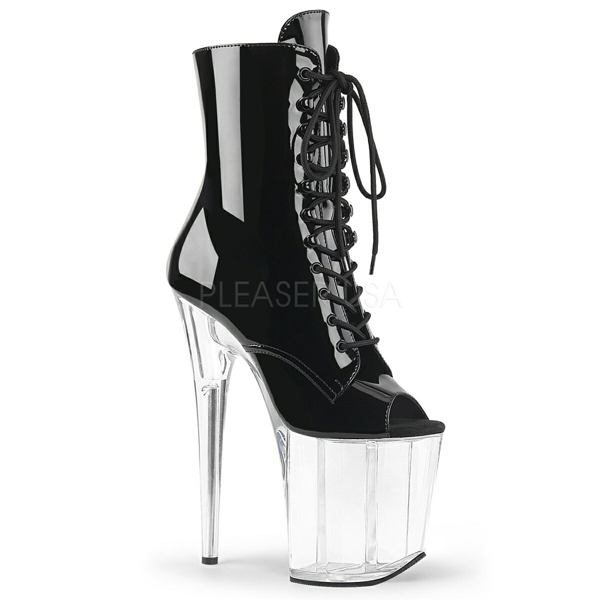 PLEASER【取り寄せ】プリーザー・フラミンゴ厚底ショートブーツ/品番：FLAMINGO-1021/FLAM1021/20cmヒール/オープントゥー/クリアヒール/靴/衣装/ポールダンス/レースアップブーツ/靴/ピンヒール/ハイヒール/編み上げブーツ/ミドルブーツ/エナメルブラック×クリア/黒×透明 14,625円