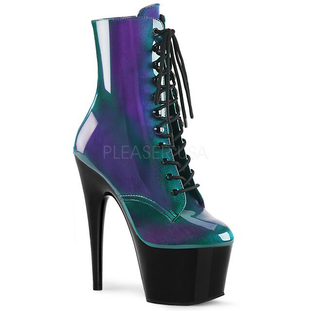 PLEASER【取り寄せ】プリーザー・レースアップ厚底ショートブーツ/品番:ADORE-1020SHG/ADO1020SHG/17cmヒール/18cmヒール/ツートン/編み上げブーツ/レディース/コスプレ/ポールダンス/ダンス/厚底ブーツ/エナメルブーツ/サイズ展開豊富/パープル×グリーン/紫×緑