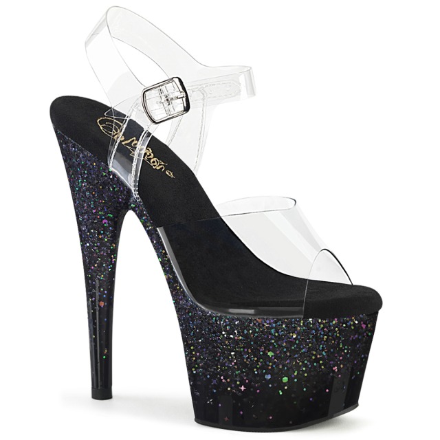 PLEASER【取り寄せ】プリーザー・ホログラムグラデーション厚底サンダル/品番：ADORE-708SS/ADO708SS/17cmヒール/ドレス/キャバ嬢/ポールダンス/ダンス/衣装/コスプレ/ダンサー/撮影会/イベント/バーレスク/アッパークリア/レディース/グリッターサンダル/ブラック/黒｜KONI KONI