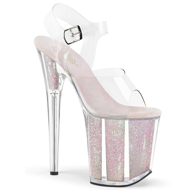PLEASER【取り寄せ】プリーザー・グリッターフィルフラミンゴ厚底サンダル/品番：FLAMINGO-808G/FLAM808G/20cmヒール/ドレス/キャバ嬢/ポールダンス/衣装/レディース/ピンヒール/アッパークリア（透明）/ストラップサンダル/グリッターインヒール/オパール/パールホワイト/白｜KONI KONI