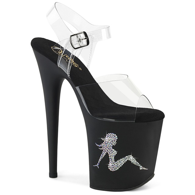 PLEASER【取り寄せ】プリーザー・トラッカーガール厚底サンダル/品番:FLAMINGO-808TGRS/FLAM808TGRS/20cmヒール/ダンスシューズ/レディース/衣装/ポールダンス/キャバ嬢/靴/ドレス/アッパークリア(透明)/ピンヒール/ハイヒール/ラインストーン/ブラック×シルバー/黒×銀