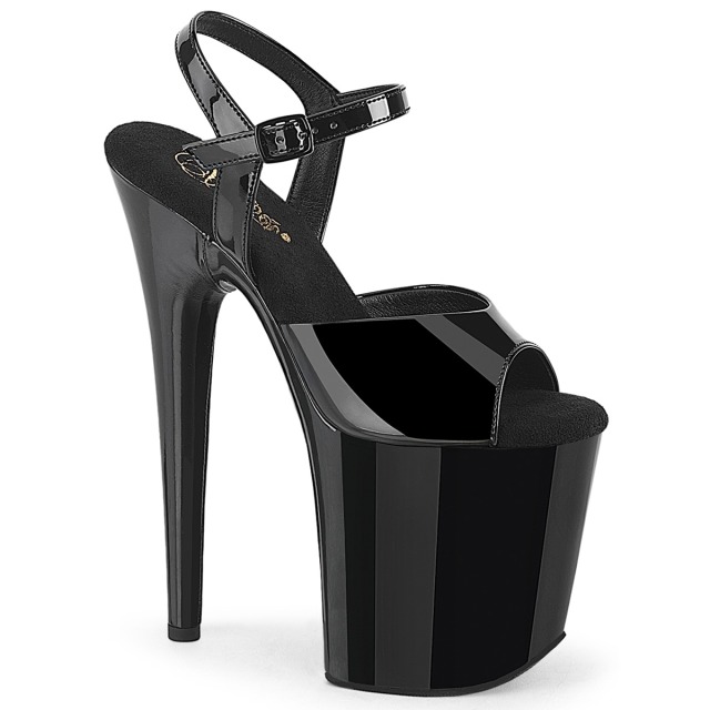 PLEASER【取り寄せ】プリーザー・ブラックラップ厚底フラミンゴサンダル/品番:FLAMINGO-809WR/FLAM809WR/20cmヒール/アンクルストラップ/コスプレ/プラットフォームラップ/レディース/ダンスシューズ/ダンス/衣装/靴/キャバ嬢/厚底サンダル/ポールダンス/エナメルブラック/黒｜KONI KONI