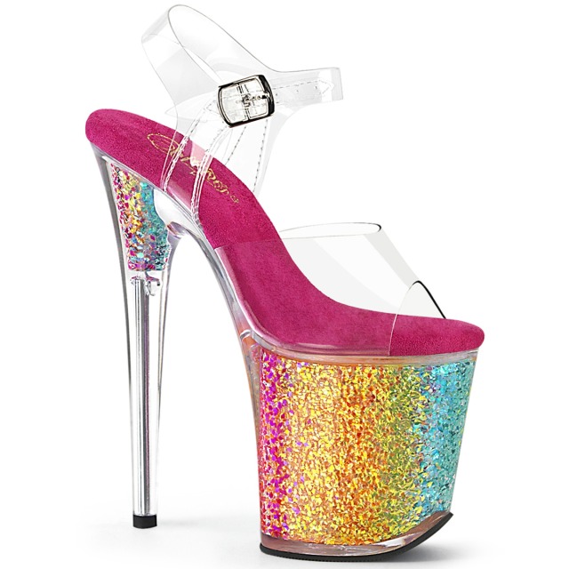 PLEASER【取り寄せ】プリーザー・グリッターイン厚底フラミンゴサンダル/品番:FLAMINGO-808RG-02/FLAM808RG-02/20cmヒール/シューズ/ダンス/衣装/ポールダンス/キャバ嬢/靴/ピンヒール/ハイヒール/コスプレ/レディース/アッパークリア（透明）/カラフルレインボー/虹色｜KONI KONI