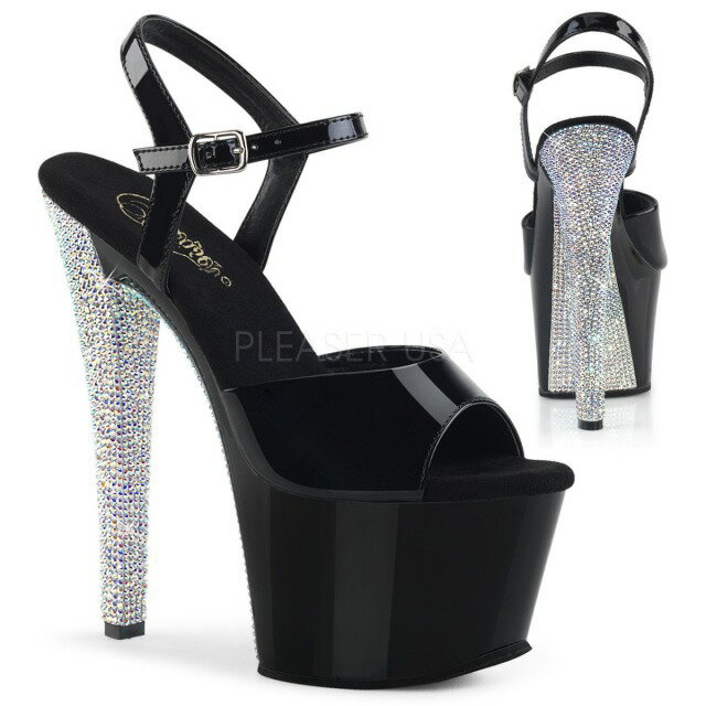 PLEASER【取り寄せ】プリーザー・エナメルラインストーンオンヒール厚底サンダル/品番:SKY-309CHRS/SKY309CHRS/17cmヒール/ドレス/キャバ嬢/ポールダンス/ダンス/衣装/ピンヒール/女装/大きいサイズ/ハイヒール/エナメルブラック&times;シルバー/黒&times;銀｜KONI KONI