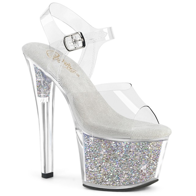 PLEASER【取り寄せ】プリーザー・ラインストーンインヒール厚底サンダル/品番:SKY-308RSI/SKY308RSI/17cmヒール/18cmヒール/ダンスシューズ/衣装/ポールダンス/キャバ嬢/ピンヒール/アッパークリア（透明）/クロムヒール/靴/レディース/パーティー/ドレス/シルバー/銀