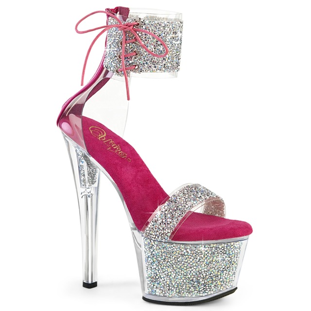 PLEASER【取り寄せ】プリーザー・アンクルカフ厚底グリッターサンダル/品番:SKY-327RSI/SKY327RSI/17cmヒール/18cmヒール/ドレス/キャバ嬢/ダンス/衣装/靴/厚底サンダル/ハイヒール/キラキラサンダル/レディース/足首リボン/サンダル/ホットピンク×シルバーマルチ/銀|KONI KONI
