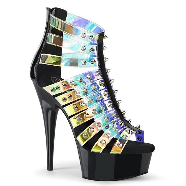 PLEASER【取り寄せ】プリーザー・スパイクスタッズホログラム厚底サンダル/品番:DELIGHT-600-9/DEL600-9/15cmヒール/ドレス/キャバ嬢/コスプレ/バックファスナー/サンダル/ポールダンス/ダンス/デザインサンダル/衣装/ライブ/レディース/ハイヒール/靴/ホログラムクリア