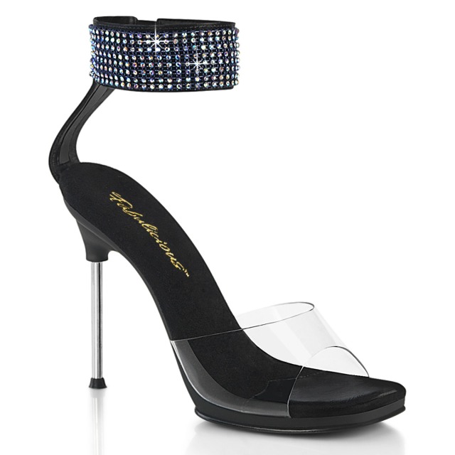 PLEASER【取り寄せ】プリーザー・ラインストーンアンクルストラップサンダル/品番：CHIC-42/CHIC42/11cmヒール/ドレス/メタルヒール/レディース/エレガント/衣装/発表会/シューズ/靴/ワイドアンクルストラップ/バックジッパー/アッパークリア（透明）/サンダル/ブラック/黒