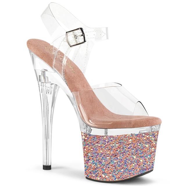 PLEASER【取り寄せ】プリーザー・グリッター厚底サンダル/品番:ESTEEM-708LG/ESTM708LG/17cmヒール/サンダル/ドレス/キャバ嬢/靴/小さいサイズ/ダンサー/ポールダンス/社交ダンス/メタリックヒール/ピンヒール/衣装/アッパークリア（透明）/ローズゴールドグリッター