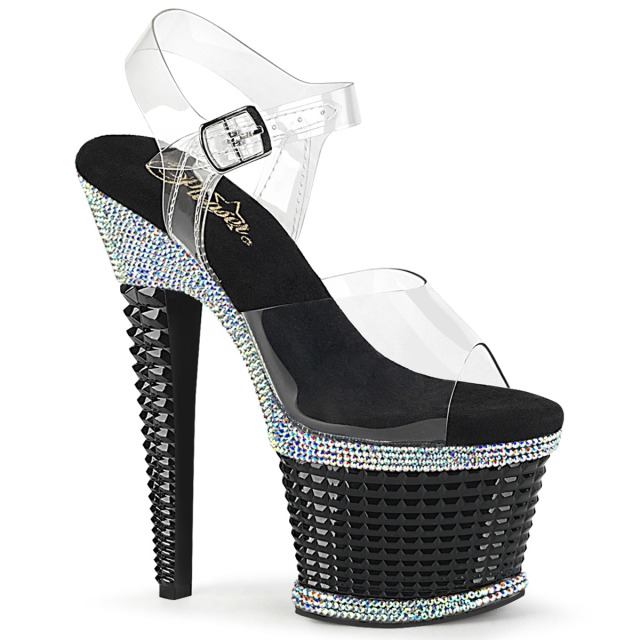 PLEASER【取り寄せ】プリーザー・テクスチャープラットフォーム厚底ラインストーンサンダル/品番：SPECTATOR-708RS/ SPEC708RS/18cmヒール/ダンスシューズ/ドレス/キャバ嬢/ポールダンス/ピンヒール/サンダル/レディース/23cm/24cm/25cm/26cm/ブラック/黒｜KONI KONI