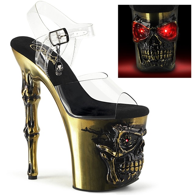 PLEASER【取り寄せ】プリーザー・フィンガーボーンヒール厚底サンダル/品番:RAPTURE-808-LT/RAPT808-LT/20cmヒール/ポールダンス/衣装/クロムヒール/キャバ嬢/ロック/パンク/ゴシック/スカル/頭蓋骨/レディース/デザインヒール/アッパークリア(透)/サテンブラスクロム/金
