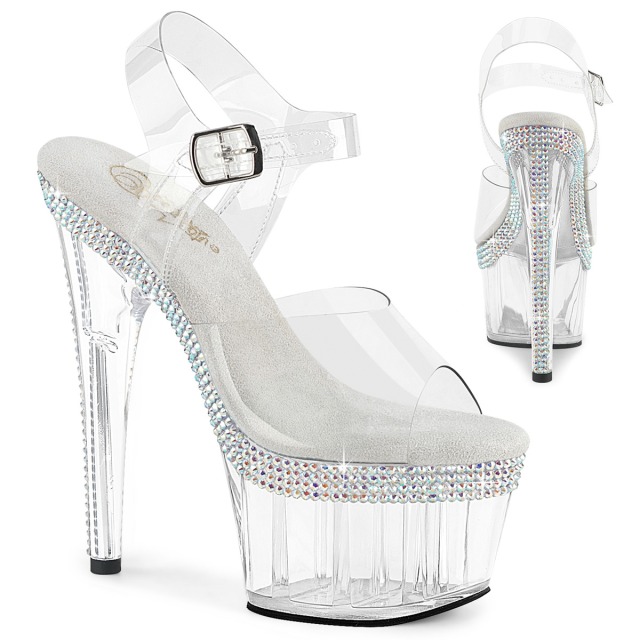 PLEASER【取り寄せ】プリーザー・ラインストーン厚底クリアサンダル/品番:ADORE-708MLS/ADO708MLS/17cmヒール/18cmヒール/ドレス/キャバ嬢/ポールダンス/ダンス/コンテスト衣装/ピンヒール/ハイヒール/クリアヒール/透明靴/アッパークリア(透明)/クリア×シルバー/透明×銀|KONI KONI