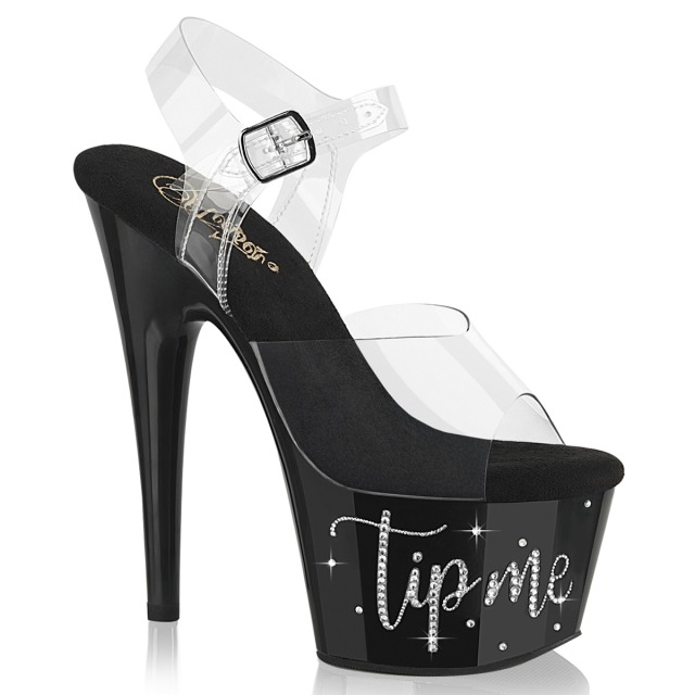 PLEASER【取り寄せ】プリーザー・チップミー厚底サンダル/品番:ADORE-708TIP-02/ADO708TIP-02/17cmヒール/18cmヒール/ドレス/キャバ嬢/ポールダンス/ダンス/コンテスト衣装/ピンヒール/ハイヒール/靴/アッパークリア（透明）/ブラック×シルバーラインストーン/黒×銀