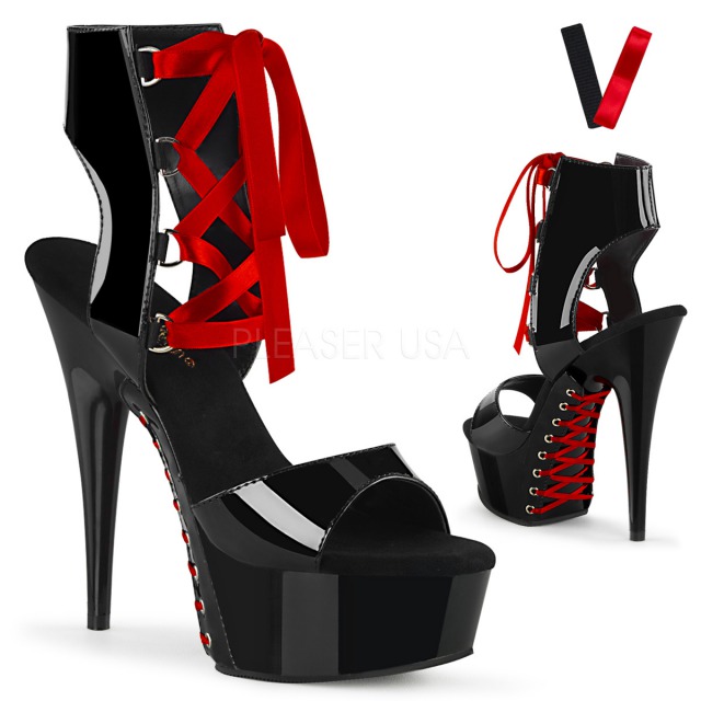 PLEASER【取り寄せ】プリーザー・アンクルレースアップ厚底コルセットサンダル/品番:DELIGHT-600-14FH/DEL600-14FH/15cmヒール/ドレス/厚底靴/ダンスシューズ/ダンス/衣装/ポールダンス/キャバ嬢/ピンヒール/小さいサイズ/大きいサイズ/エナメルブラック×レッド/黒×赤