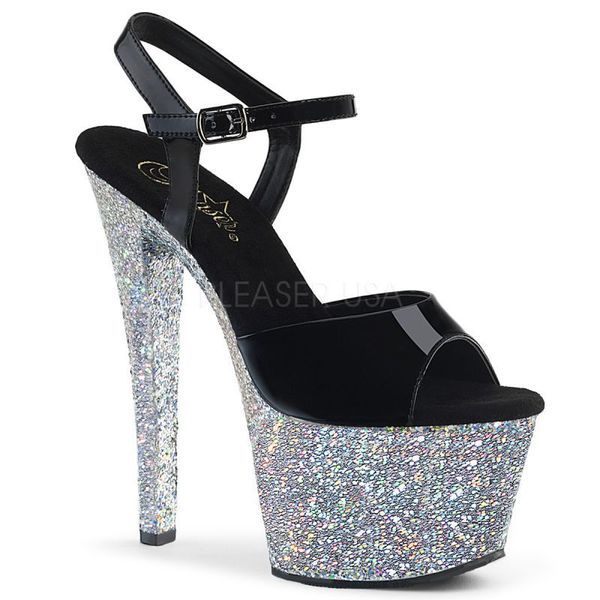 PLEASER【取り寄せ】プリーザー・ホログラムグリッター厚底サンダル/品番:SKY-309LG/SKY309LG/17cmヒール/ドレス/ダンスシューズ/ダンス/衣装/キャバ嬢/ポールダンス/靴/ピンヒール/レディース/エナメルサンダル/シルバー/銀/ブラック/黒