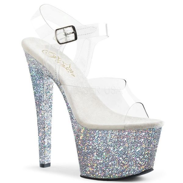 PLEASER【取り寄せ】プリーザー・グリッターカバーリング厚底クリアサンダル/品番：SKY-308LG/SKY308LG/17cmヒール/ダンス/衣装/キャバ嬢/女王様/女装/男性用/靴/大きいサイズ/ハイヒール/ピンヒール/シルバー/銀
