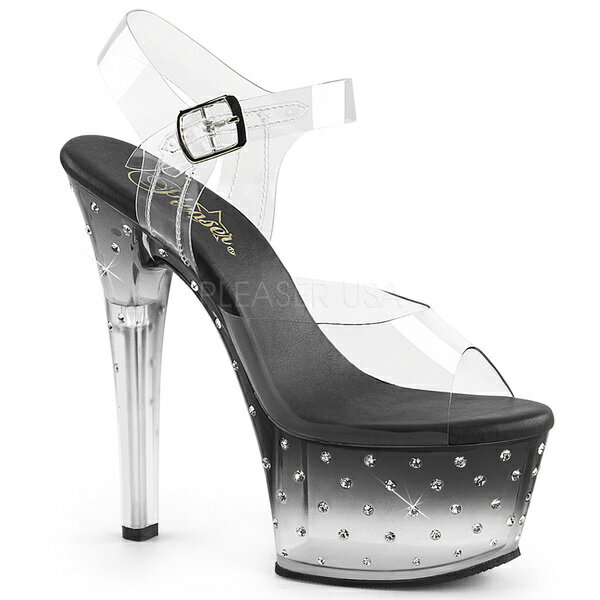 PLEASER【取り寄せ】プリーザー・ラインストーン厚底サンダル/品番:ASPIRE-608STD/ ASP608STD/15cmヒール/ドレス/キャバ嬢/ポールダンス/ダンス/衣装/ピンヒール/ハイヒール/女装/小さいサイズ/ブラック×クリア/黒