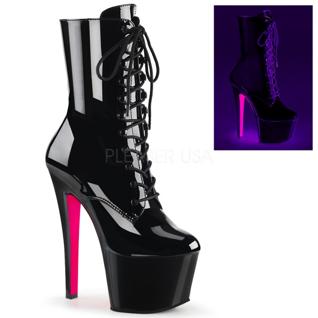 PLEASER【取り寄せ】プリーザー・コントラストカラー厚底エナメルショートブーツ/品番：SKY-1020TT/SKY1020TT/17cmヒール/ポールダンス/ダンス/女王様/衣装/ピンヒール/ハイヒール/ブーツ/靴/エナメルブラック×ピンク/黒