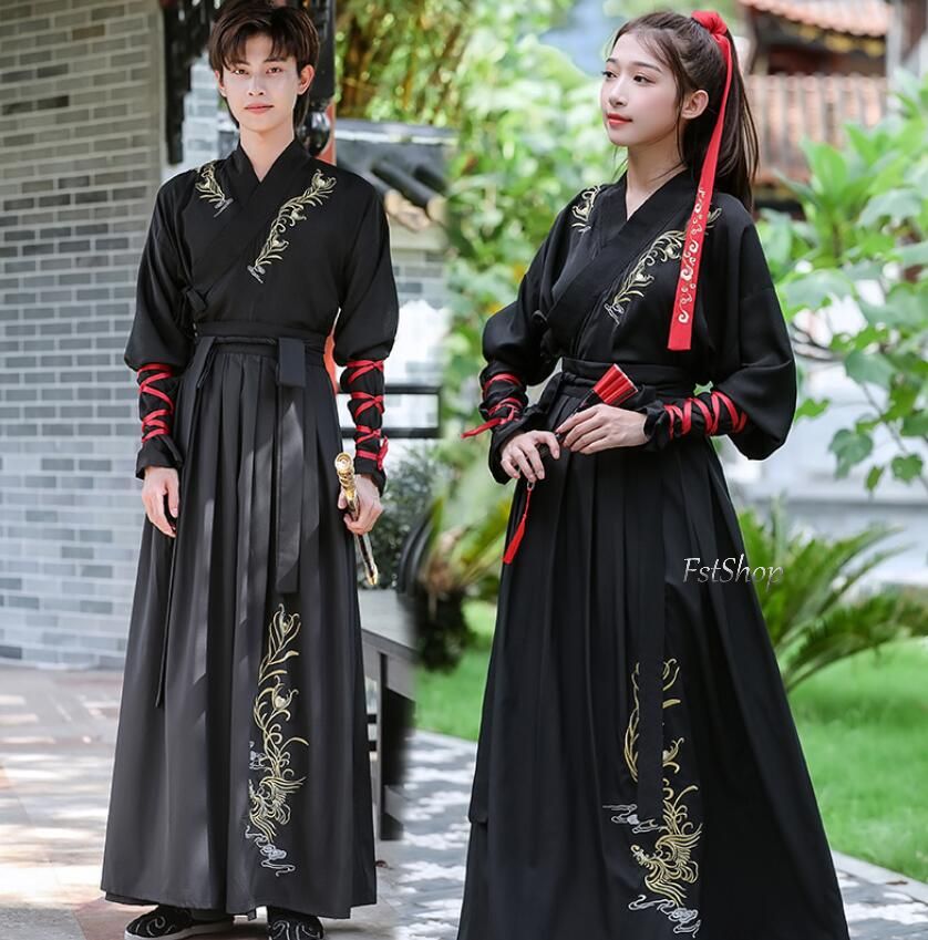 男女通用 漢服コスプレ服カップルペア 舞台ステージダンス衣装 唐装2点セットアップ演出服メンズ男女兼用レディース古代コスプレ衣装 大人用 長袖 交差襟コスプレ衣装トップス袴風スカート羽織パーティー中華服 上下セット仮装 団体服イベント男性 剣士カンフー文化祭 学園祭
