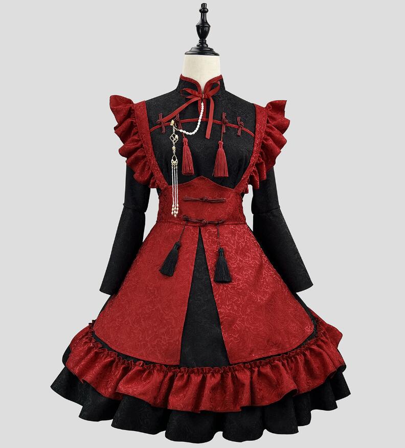 メイド服 Lolita 大人用コスチューム メイドコスプレ ロリータワンピース 可愛い 配色 中国風 長袖 フリル フリンジ メイドcosplay ハロウィン衣装 ワンピース+エプロン+髪飾り ウェイトレスコスプレ メイド喫茶 萌え 舞台衣装 イベント 学園祭 キャラクター 仮装 変装