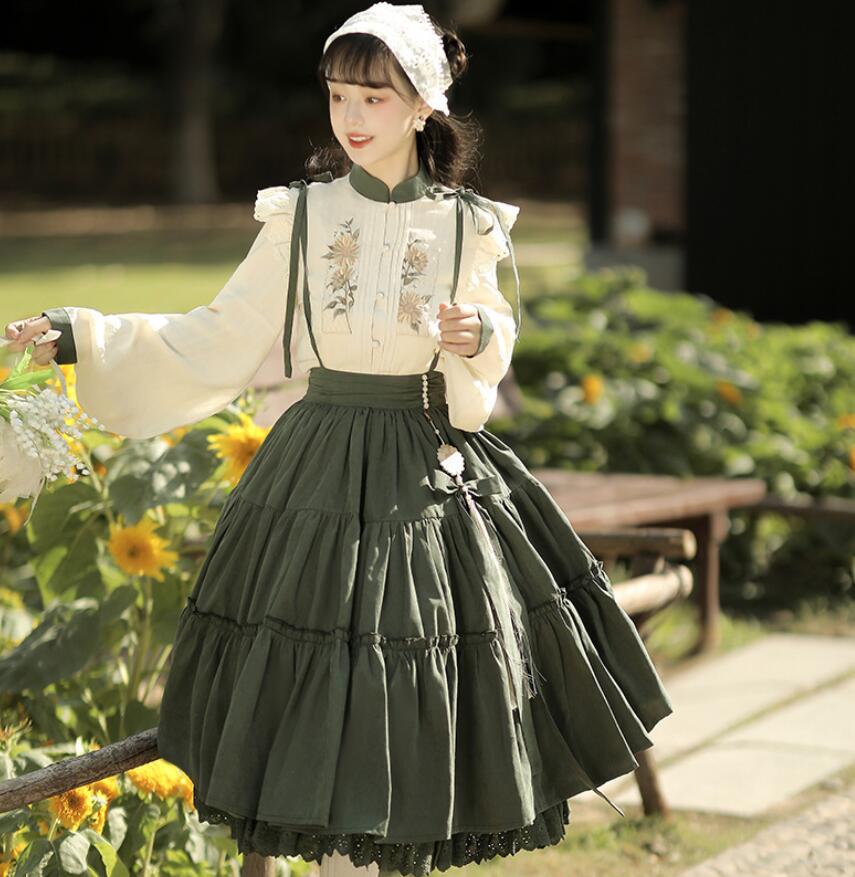 ロリータ服ドレス lolita ワンピース シャツ スカート 上下2点セット 膝丈 レディースロリータワンピース ゴシック ロリータドレス 可愛い お姫様ドレス リボン Lolita Dress 森ガール メイドドレス 姫様 コスプレ 学園祭 文化祭 撮影衣装