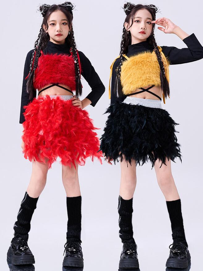 キッズ ダンス衣装 ジャズダンス jazz HIPHOP ヒップホップ 上下セット 女の子 韓国k-pop もふもふ レッド イエロー ベスト長袖Tシャツ トップス スカート セット へそ出し 子供服 演出服 団体服 発表会 練習着 ダンスウェア かっこいい 応援団 原宿系 個性派
