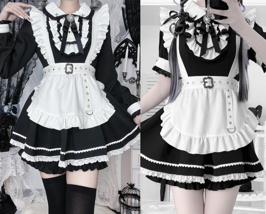メイド服 ゴシック ロリータ服 暗黒風 半袖長袖選択可 メイドワンピース エプロン 配色 メイドコスチューム メイド服 コスプレ ロリータ ワンピース メイド喫茶 cosplay ハロウィン 仮装変装 ゴスロリ ウェイトレス メイド喫茶 萌え イベント 学園祭 キャラクター
