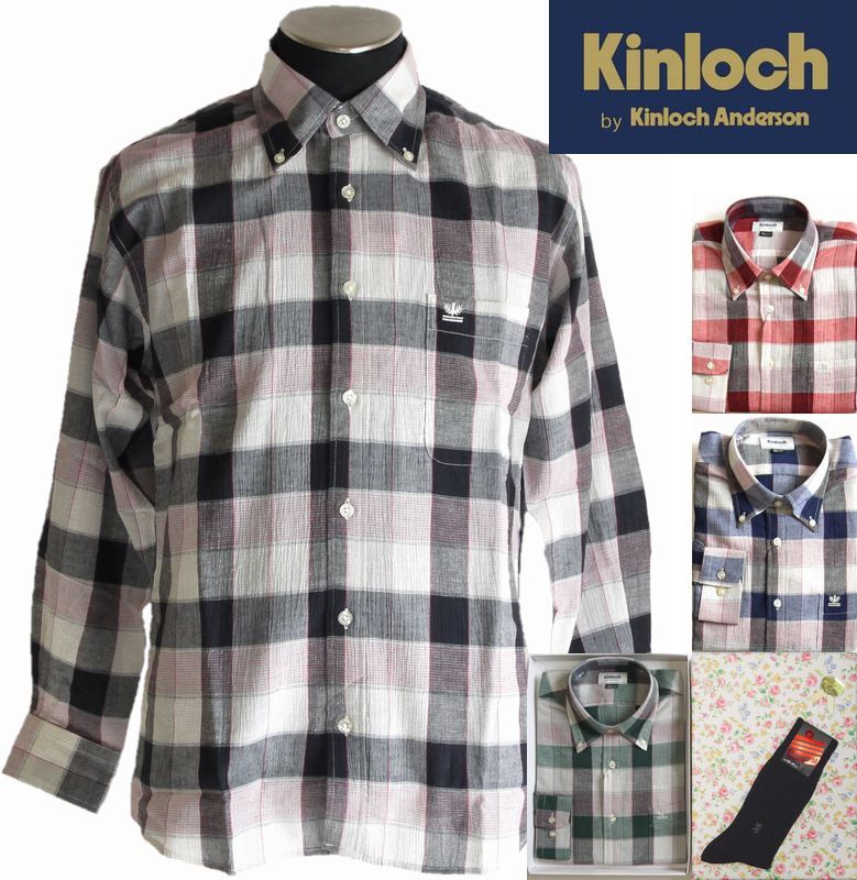 父の日 ギフト シャツ【Kinloch キンロック】夏長袖 チェック柄 ボタンダウン 紳士靴下1足付【ラッピング&送料無料】夏用 大人 メンズ 清涼感 40代 50代 60代