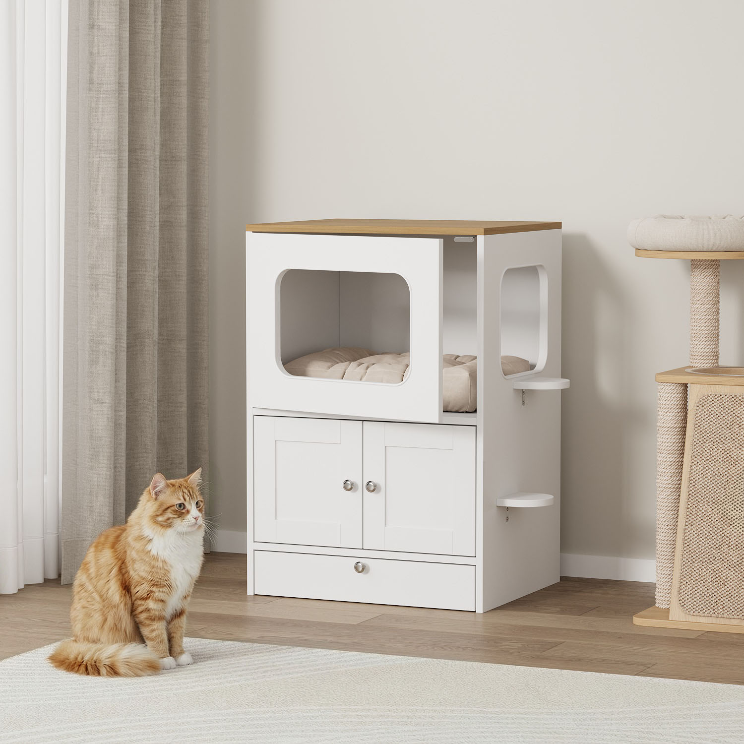 キャットハウス キャビネット 扉付き 猫ハウス 室内用 ペット家具 木製 猫ベッド 収納棚一体型 目隠し シンプル ホワイト おしゃれ 猫 家具 インテリア 省スペース 組立式 幅55cm 奥行45cm 高さ80cm