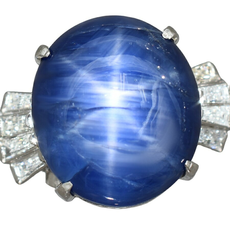 【中古】新品同様 リング Pt850 スターサファイア カボションカット ダイヤモンド テーパーカット 13号 鑑別書付き ジュエリー [送料無料]