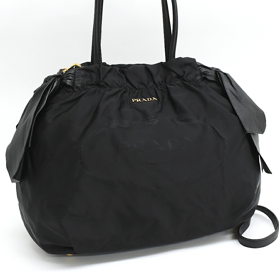 【中古】プラダ サイドリボン 2way バッグ BR4230 ナイロン ブラック ゴールド金具 PRADA[美品][送料無料]
