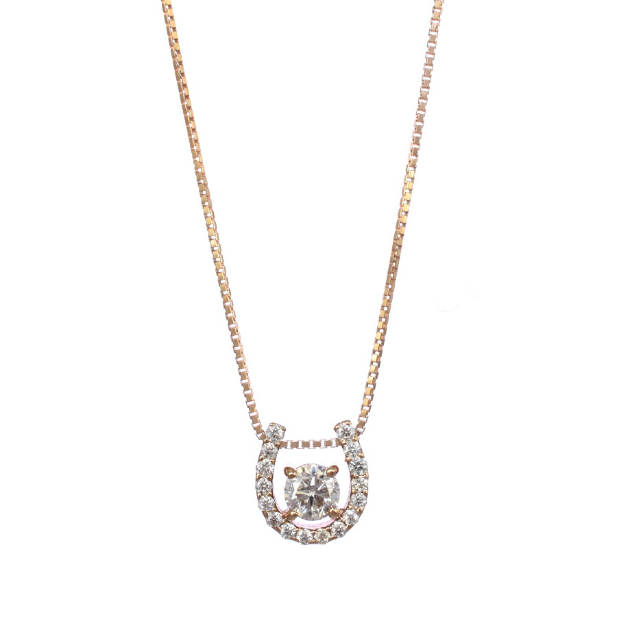 【中古】新品同様 ホースシュー 馬蹄 ペンダント ネックレス K18ピンクゴールド ダイヤモンド 0.302ct 0.15ct ジュエリー [美品][送料無料]