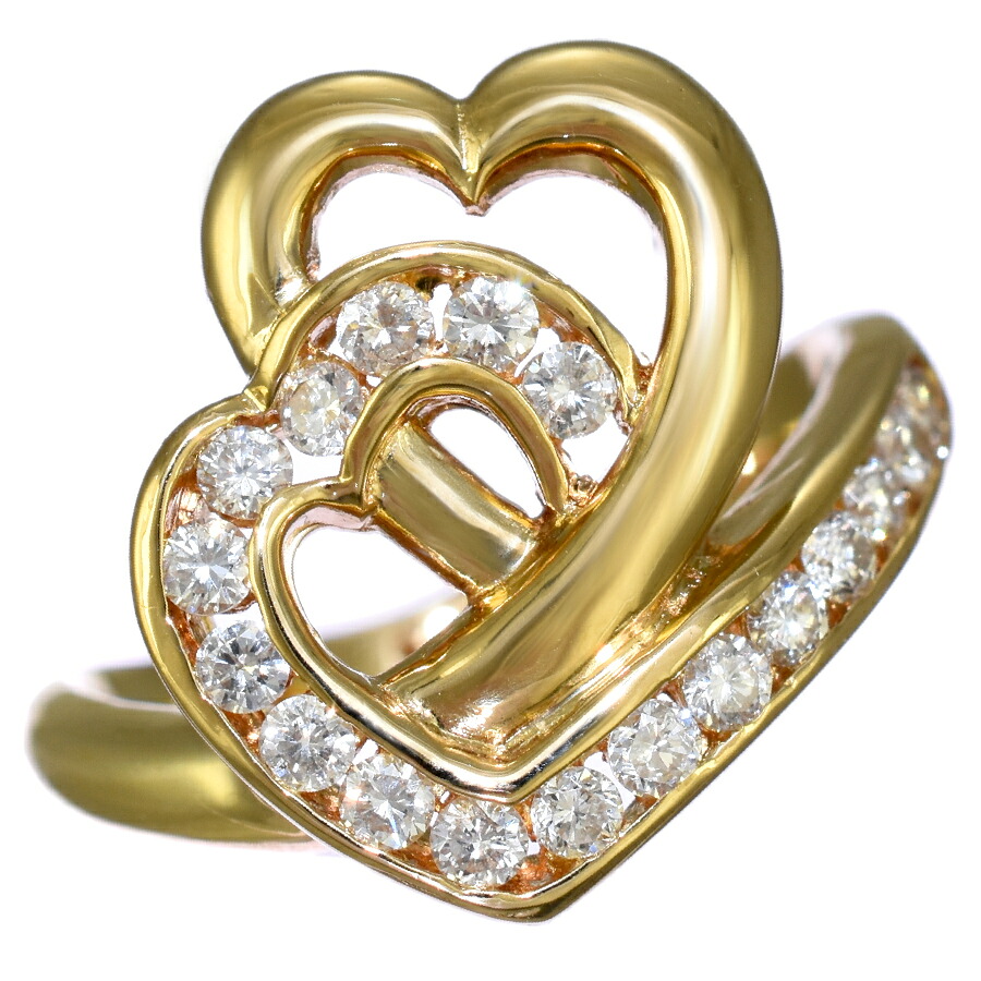 【中古】新品同様 ハート リング 指輪 K18イエローゴールド ダイヤモンド 0.39ct 11号 ジュエリー アクセサリー [美品][送料無料]
