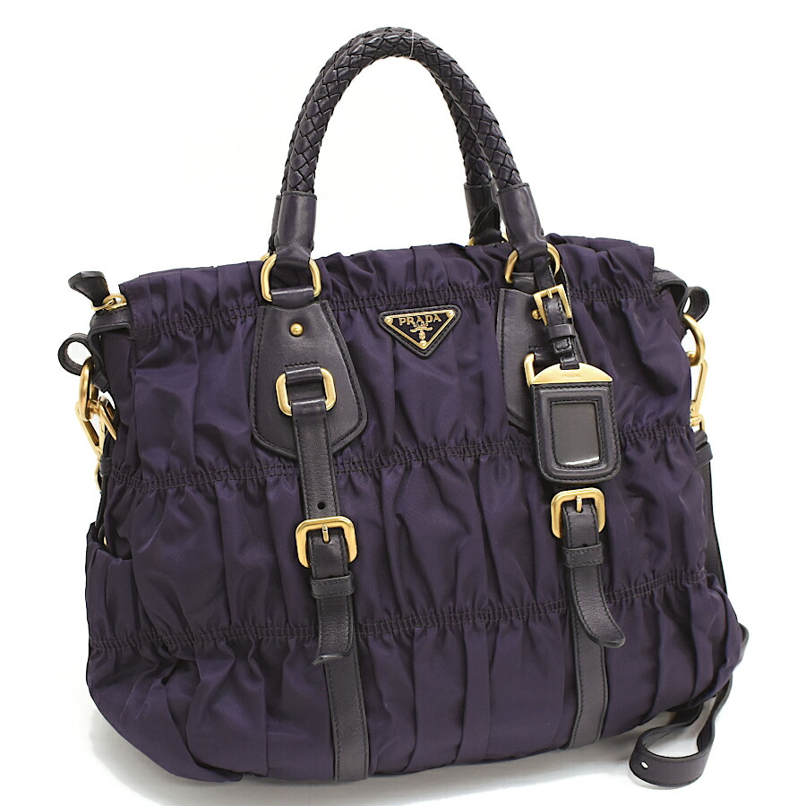 【中古】プラダ ギャザー 2way ハンドバッグ 1BA336 TESSUTO GAUFRE ナイロン パープル トライアングルロゴ PRADA [送料無料]